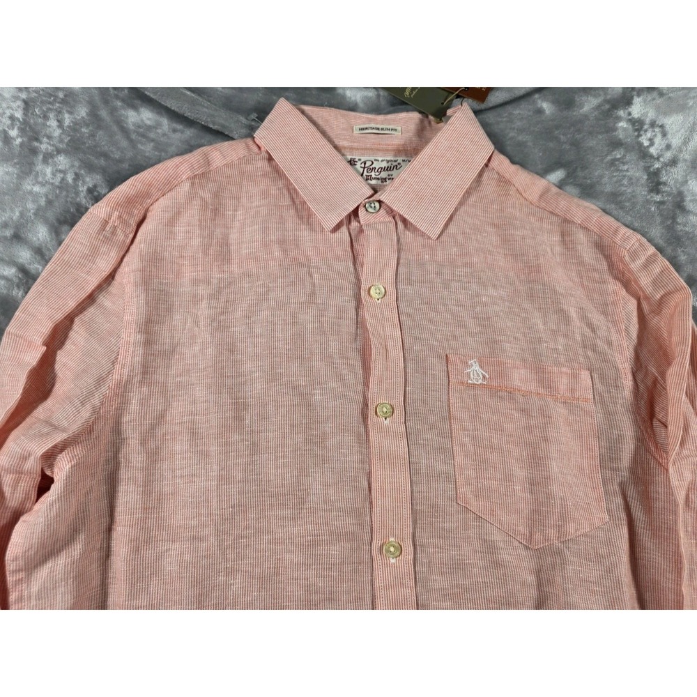 NWT Original Penguin Shirt‎ Mens Medium Slim Fit Linen Blend Striped Button Up